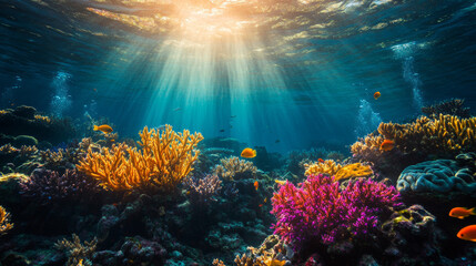 Fototapeta premium Underwater Coral Reef Scene with Sunlight Rays and Colorful Marine Life