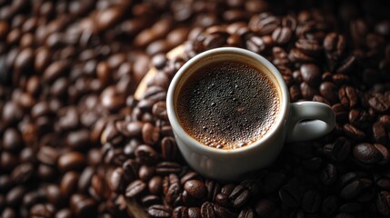 Fototapeta premium Fresh Brewed Coffee Cup on Roasted Coffee Beans Close Up Shot