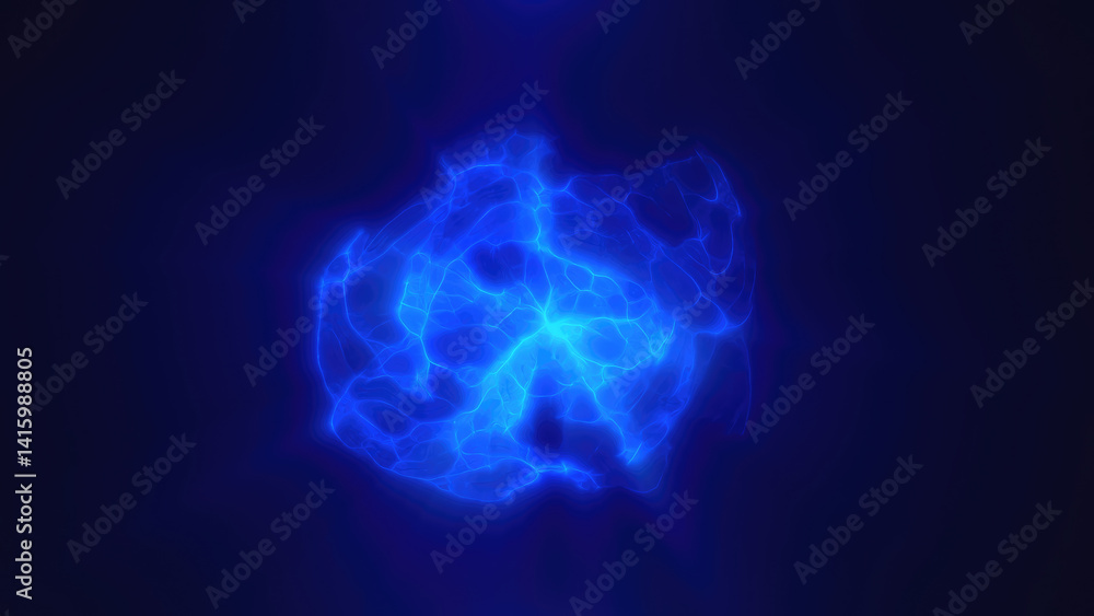 Poster abstract blue fluid-like shape with a glowing effect on a dark background