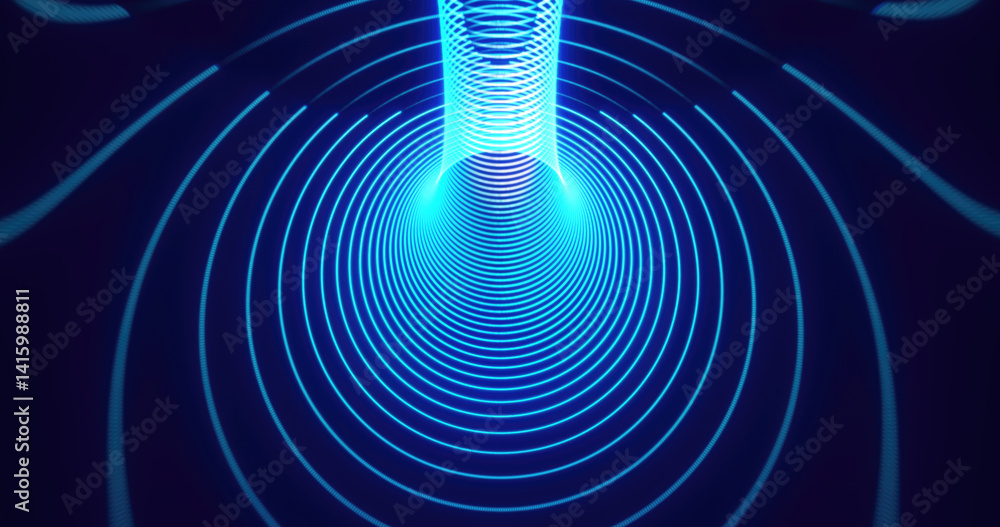 Poster dynamic blue neon light trails forming wave-like tunnel patterns in a dark digital space, representi