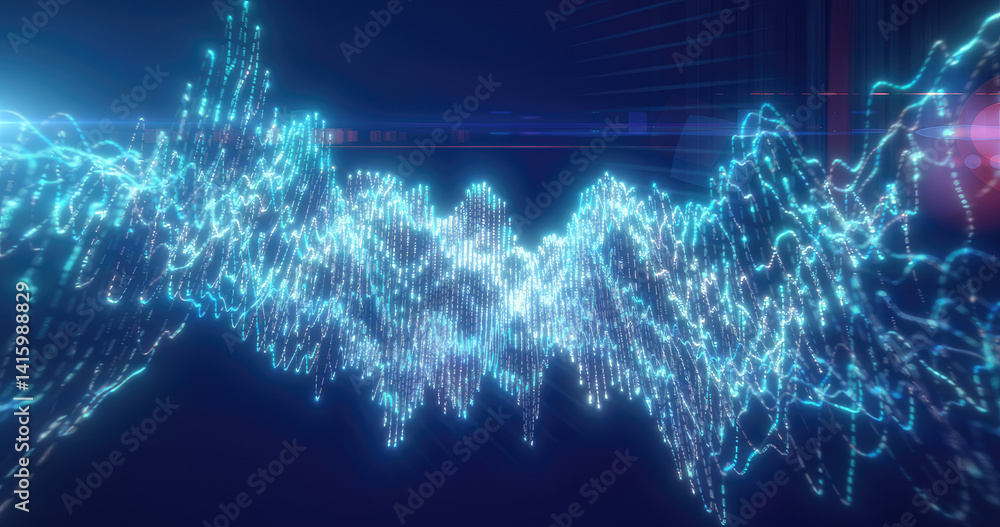 Poster mesmerizing blue luminescent waveforms creating a digital, futuristic look with a sense of technolog