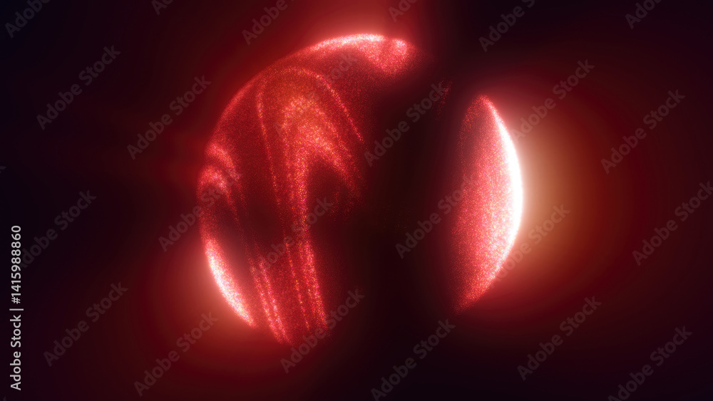 Poster a glowing red abstract shape with swirling patterns, emitting an intense light in a dark background,