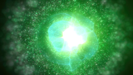 A glowing green nebula sphere with a white core, surrounded by sparkling particles, creating a sense of cosmic energy and mystery background