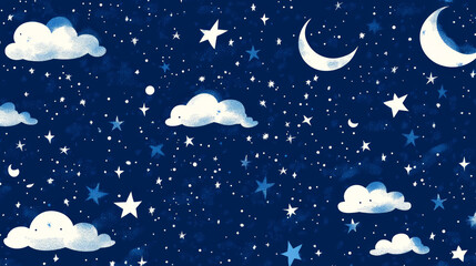 Whimsical Night Sky Pattern with Stars, Moons, and Clouds on Navy Blue