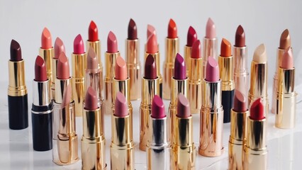 Obraz premium Pile of makeup lipsticks in shades of red, pink and purple.