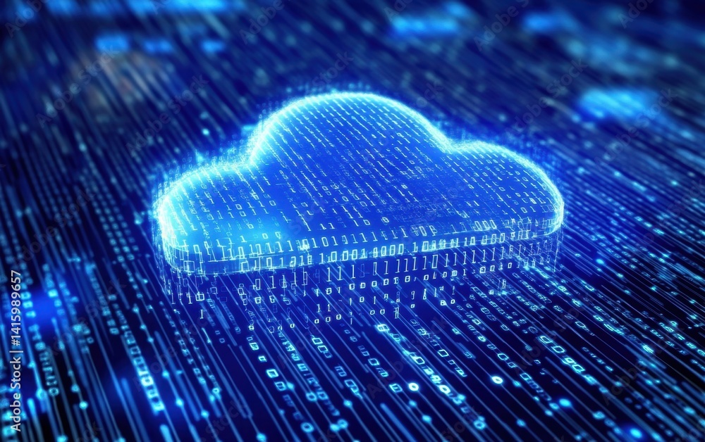 Poster cloud technology background with glowing digital code and cloud icon on a blue background generative