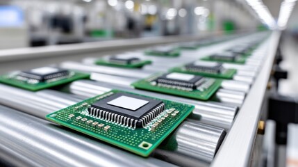 Microchips on a conveyor belt in a factory, ready for automated assembly and distribution.