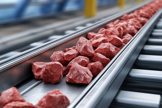 Red rocks move along a metal conveyor belt, industrial process of transporting raw materials.