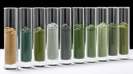 Various shades of green and brown powders in test tubes, displayed against a black and white backdrop.