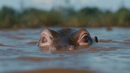 Fototapeta premium Close-up view of a hippopotamus's head partially submerged in water. Its large, expressive eyes are visible above the surface