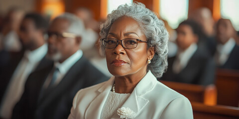 Elderly African American woman sitting attentively during a service with the usher board in attendance at a Baptist church