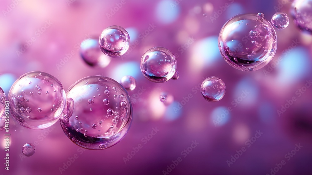 Poster floating clear bubbles on purple background with reflections and smaller bubbles