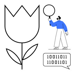 Man with magnifier studying binary code in speech bubble near large flower outline. Ideal for data analysis, digital technology, innovation, science study, AI development, coding, simple landing page