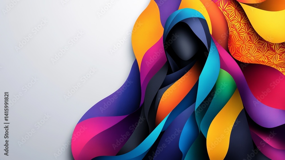 Poster abstract figure is surrounded by vibrant colorful layered ribbons with decorative patterns on a grey
