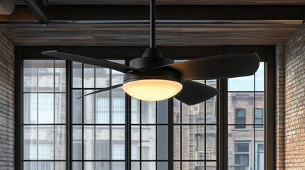 Ceiling fan with integrated smart light emitting soft glow in contemporary room