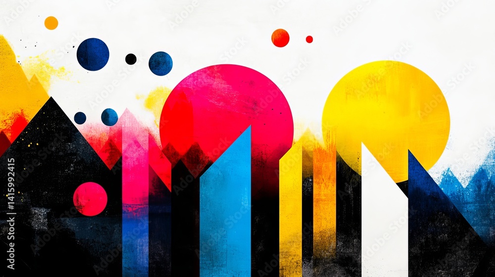Poster abstract geometric shapes overlap with vibrant colors creating a dynamic urban skyline against a whi