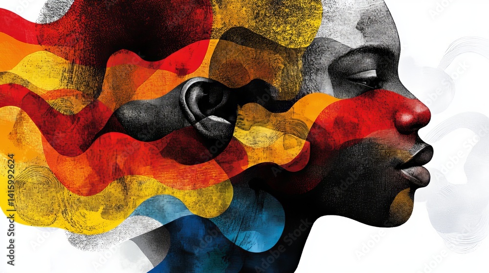 Poster abstract illustration features a side profile portrait overlaid with colorful, wavy patterns on a wh