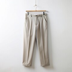 Casual beige trousers hanging neatly on a wooden hanger against a clean white background, representing a classic and timeless fashion piece