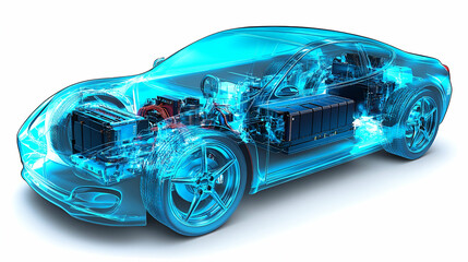 Electric car cutaway, battery, engine, white background, technology