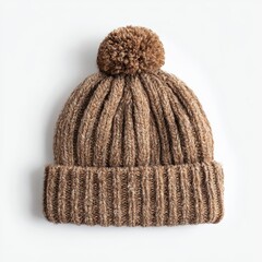 Knitted brown hat with pompom isolated on white background.