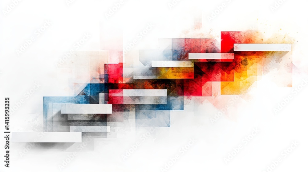 Poster abstract staircase ascends with colorful rectangular shapes on a white background, creating a modern