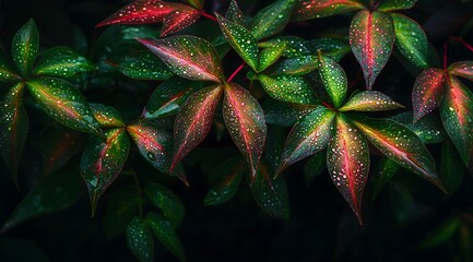Fototapeta premium Rain-kissed Foliage: A close-up shot of vibrant leaves, painted with nature's artistry, glistens with droplets, embodying the essence of a lush, thriving ecosystem.