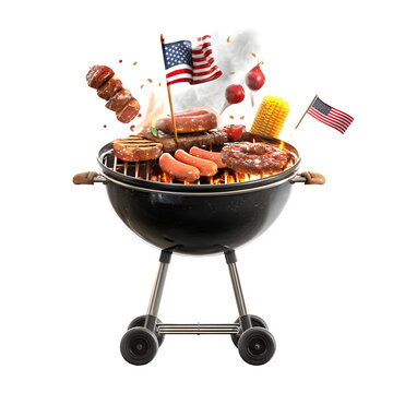 Delicious Fourth of July BBQ Grill Feast with Patriotically Decorated Steaks Burgers Hot Dogs Corn and American Flags