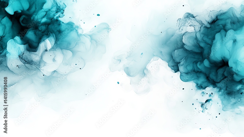 Poster abstract teal smoke is flowing across a white background, creating a dynamic and ethereal effect.
