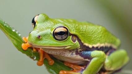 Naklejka premium A vivid green and gold frog with black eyes, perched on a leaf in its natural habitat.