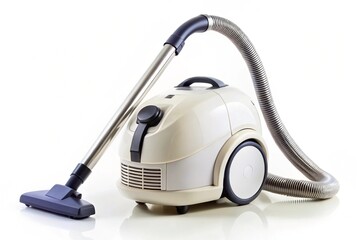 Modern beige vacuum cleaner with hose and nozzle on white background, perfect for home and office cleaning purposes