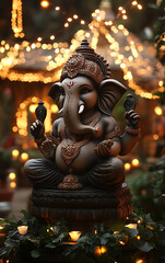Serene Ganesha Statue: Night Lights and Intricate Detail