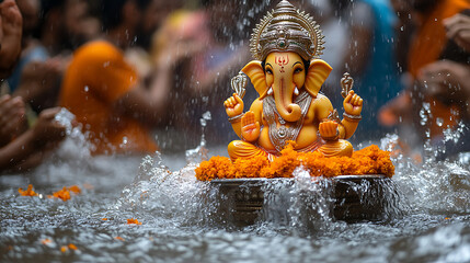 Ganesha Statue: Serene Water Ritual, Vibrant Orange Flowers