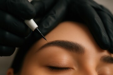 Beautician applying permanent makeup on eyebrows using special device