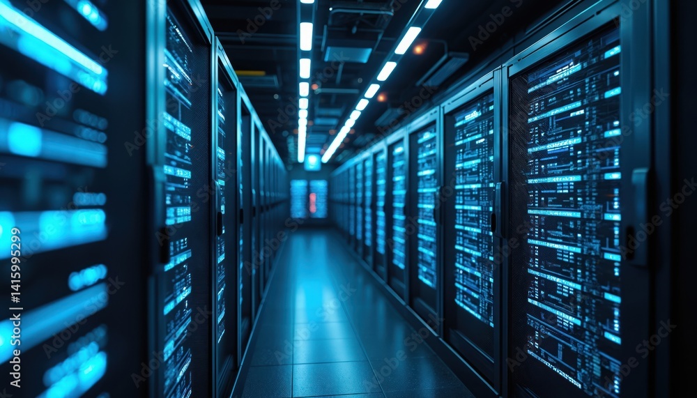 Poster futuristic server room interior with glowing blue data and technology systems. data center digital s