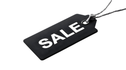 Black sale tag with white lettering and string, isolated on transparent or white background, studio lighting --ar 16:9 --v 7.0