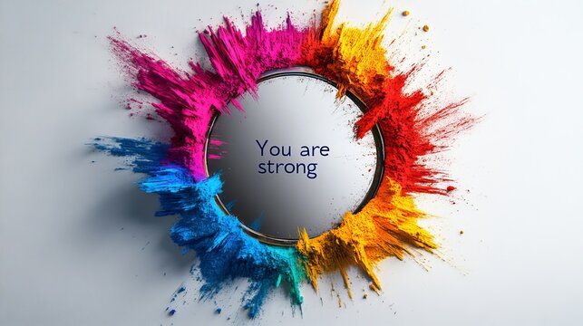 Circular mirror surrounded by colorful powder bursts reflects empowering text against a clean white background!