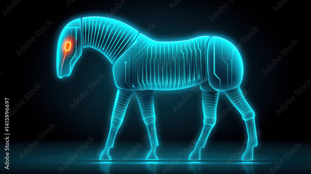 Poster a digital representation of a trojan horse symbolizes computer malware attacks in cyberspace, highli