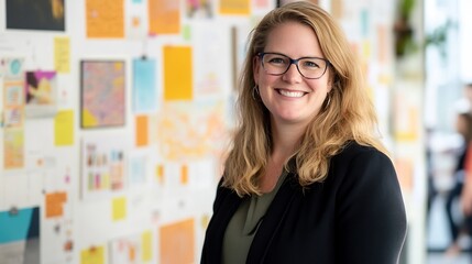 Portrait of smiling CMO standing confidently front of wall covered marketing visuals campaign board brand strategy mood board customer journey map visible creative modern office vibe ethnically