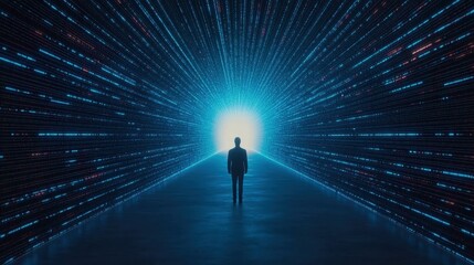 A man in a sleek, hightech data center, enveloped by glowing blue server racks, showcases advanced IT solutions.