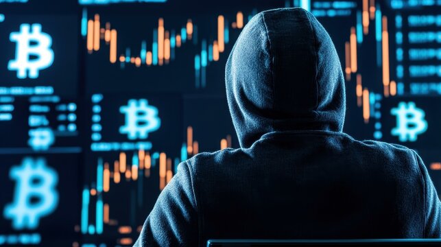 A shadowy figure hacks crypto markets, immersed in screens filled with code and digital wallets. Unearth the secrets