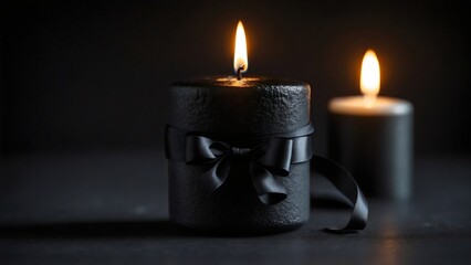 Two burning black candles tied with a black ribbon bow, set against a dark background, Symbol of mourning, grief, solemnity