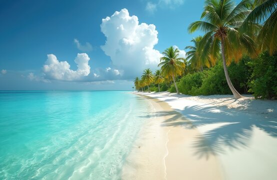 Idyllic Maldives beach with crystal turquoise ocean water, white sand. Palm trees on sunny shore. Tropical paradise, vacation spot with blue sky, white clouds. Perfect summer holiday destination for