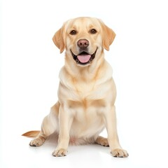 A playful Labrador Retriever, standing proudly on a white background, showcases its friendly demeanor and energy.