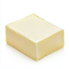A smooth pat of butter glistens against a  white background, perfect for culinary inspiration.