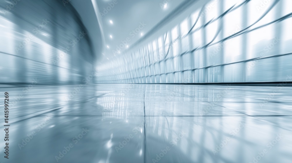 Poster motion blurred modern hallway with shiny floor and windows reflection