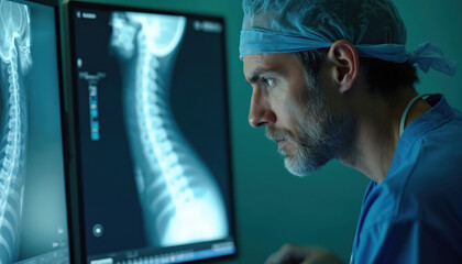 Surgeon in scrubs examines patient spine X-ray on computer monitor. Doctor wearing surgical cap analyzing bone structure, skeletal system data. Diagnostic imaging, medical healthcare, innovative