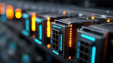 Naklejka premium Explore advanced Bitcoin mining servers powered by digital blockchain tech, revolutionizing cryptocurrency transactions.