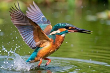 Fototapeta premium Female Kingfisher bursts from water after missed dive—capturing these birds is truly addictive!