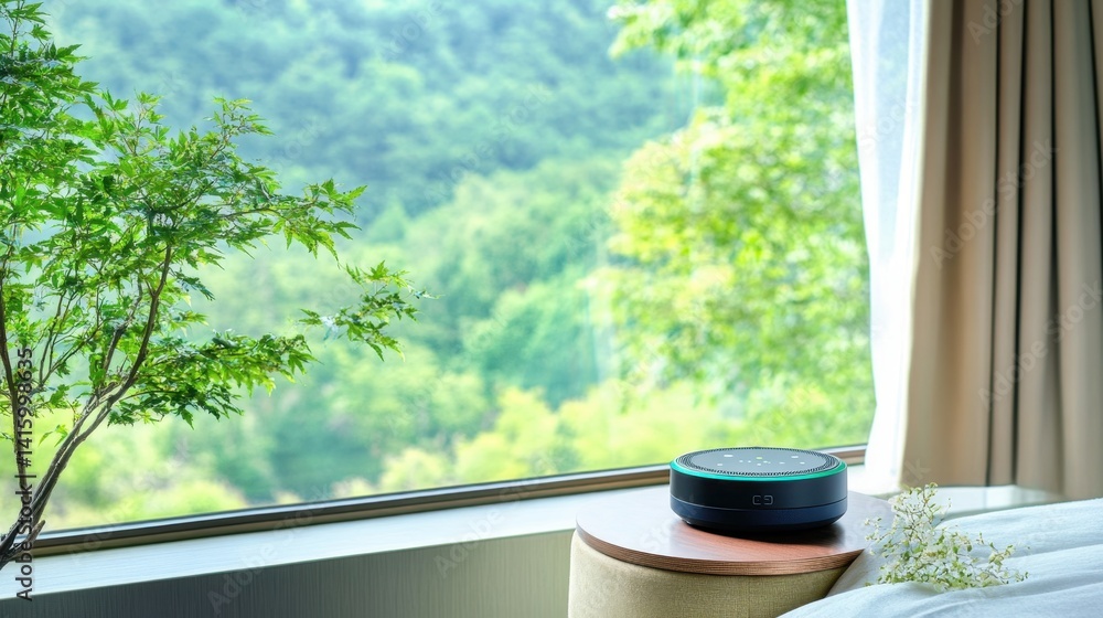 Aufkleber home tech scene with voice assistant resting on accent table under window