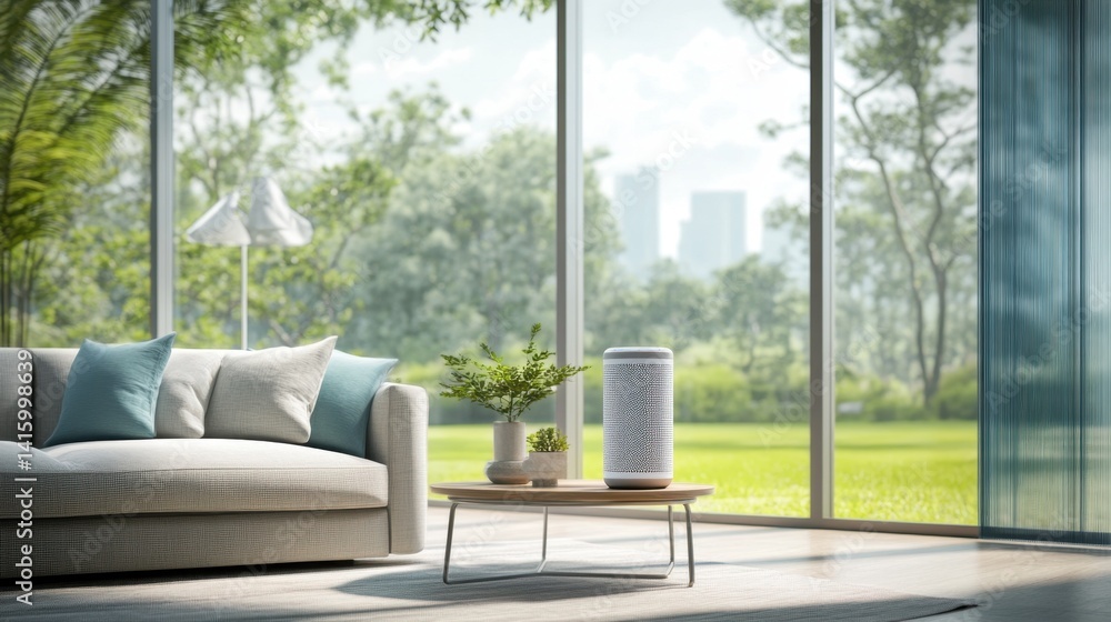 Poster home tech scene with voice assistant resting on accent table under window